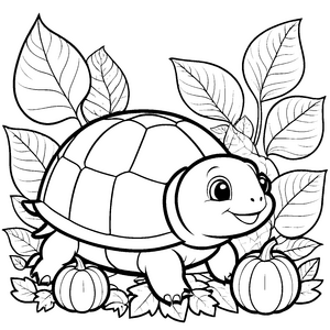 Freundliche Kawaii-Schildkröte mit Kürbissen Bastelmotiv für kreative Herbstfreunde