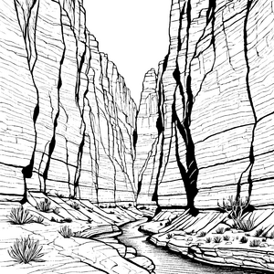 Tiefe Schlucht mit Bachlauf Ausmalvorlage für malfreudige Wasserfreunde