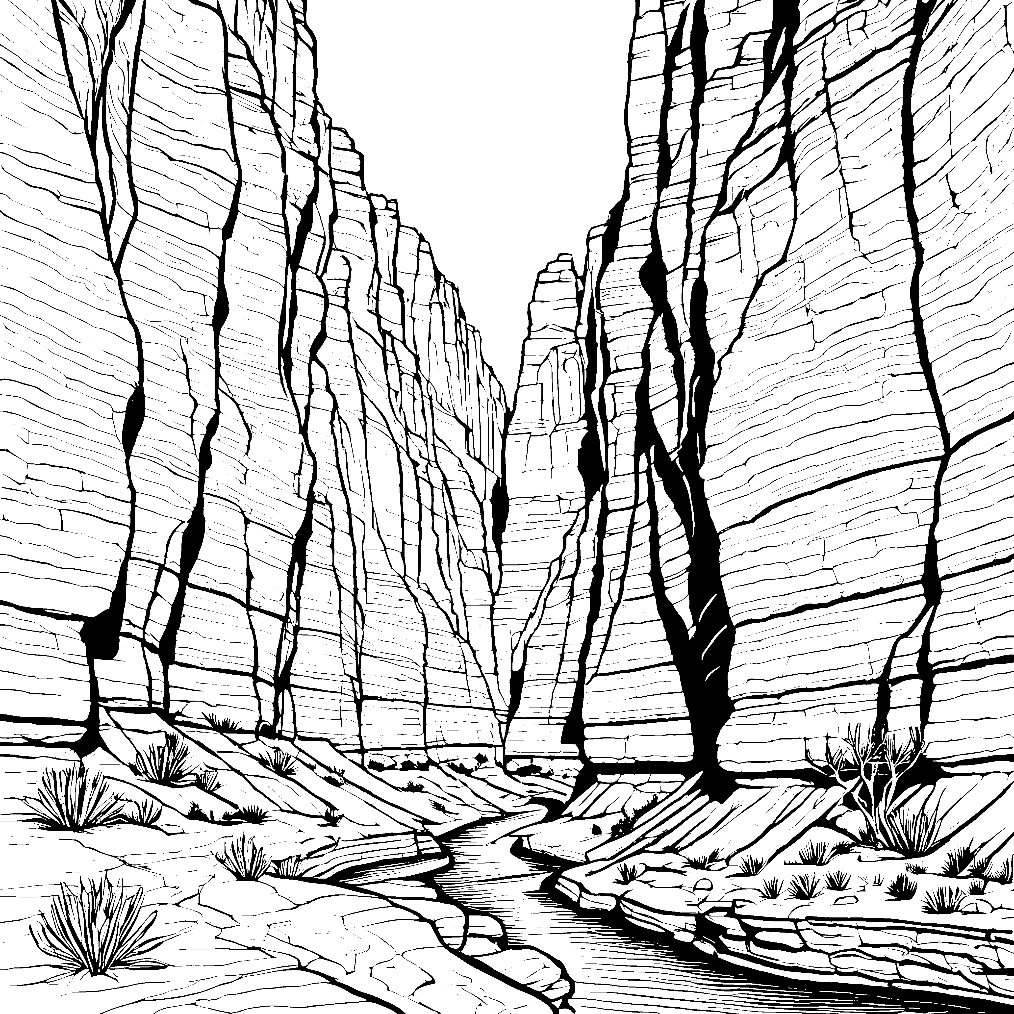 Tiefe Schlucht mit Bachlauf Ausmalvorlage für malfreudige Wasserfreunde