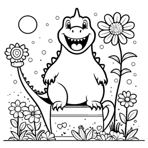 Fröhlicher Kawaii Dinosaurier auf Kiste Bastelvorlage für junge Blütenfreunde