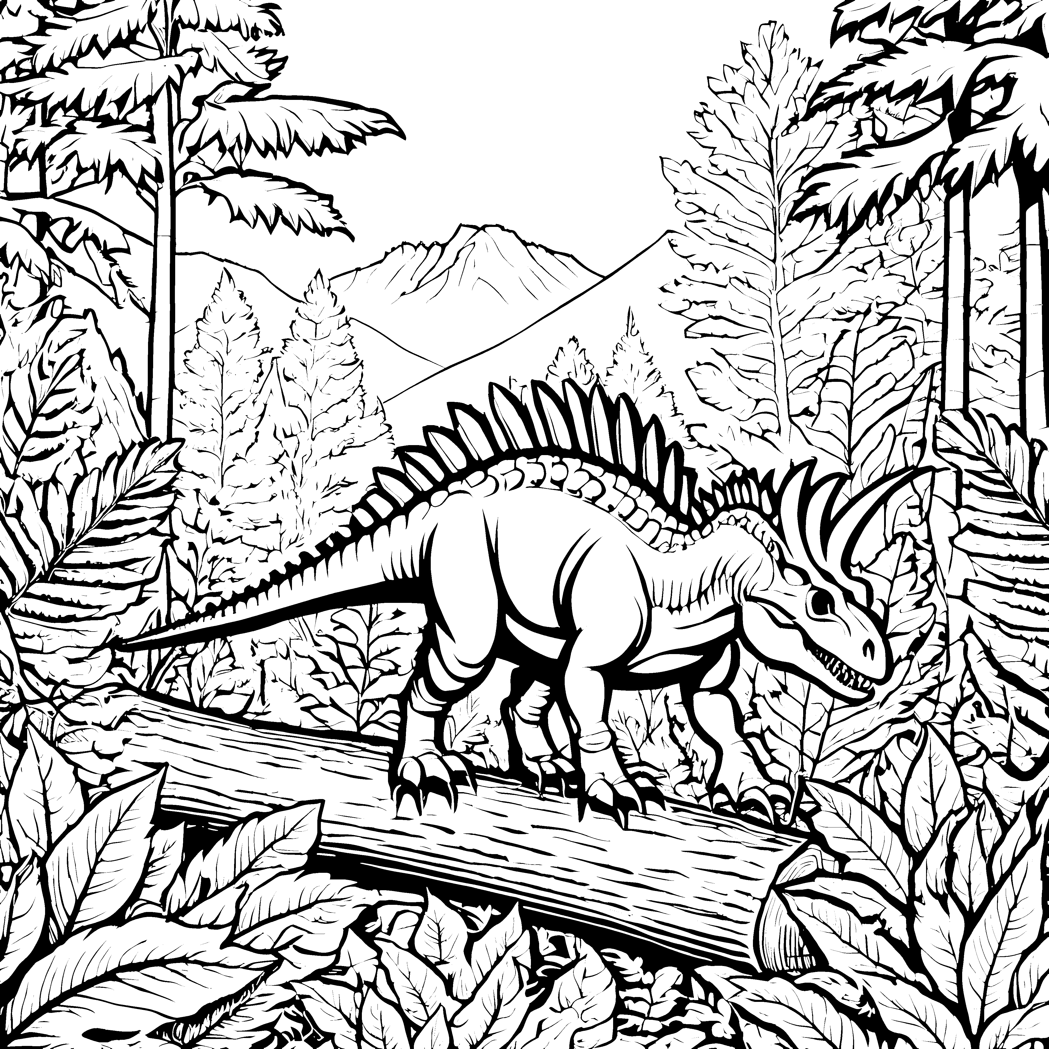 Wachsamer Pachycephalosaurus auf Baumstamm Ausmalbild für fröhliche Waldkinder