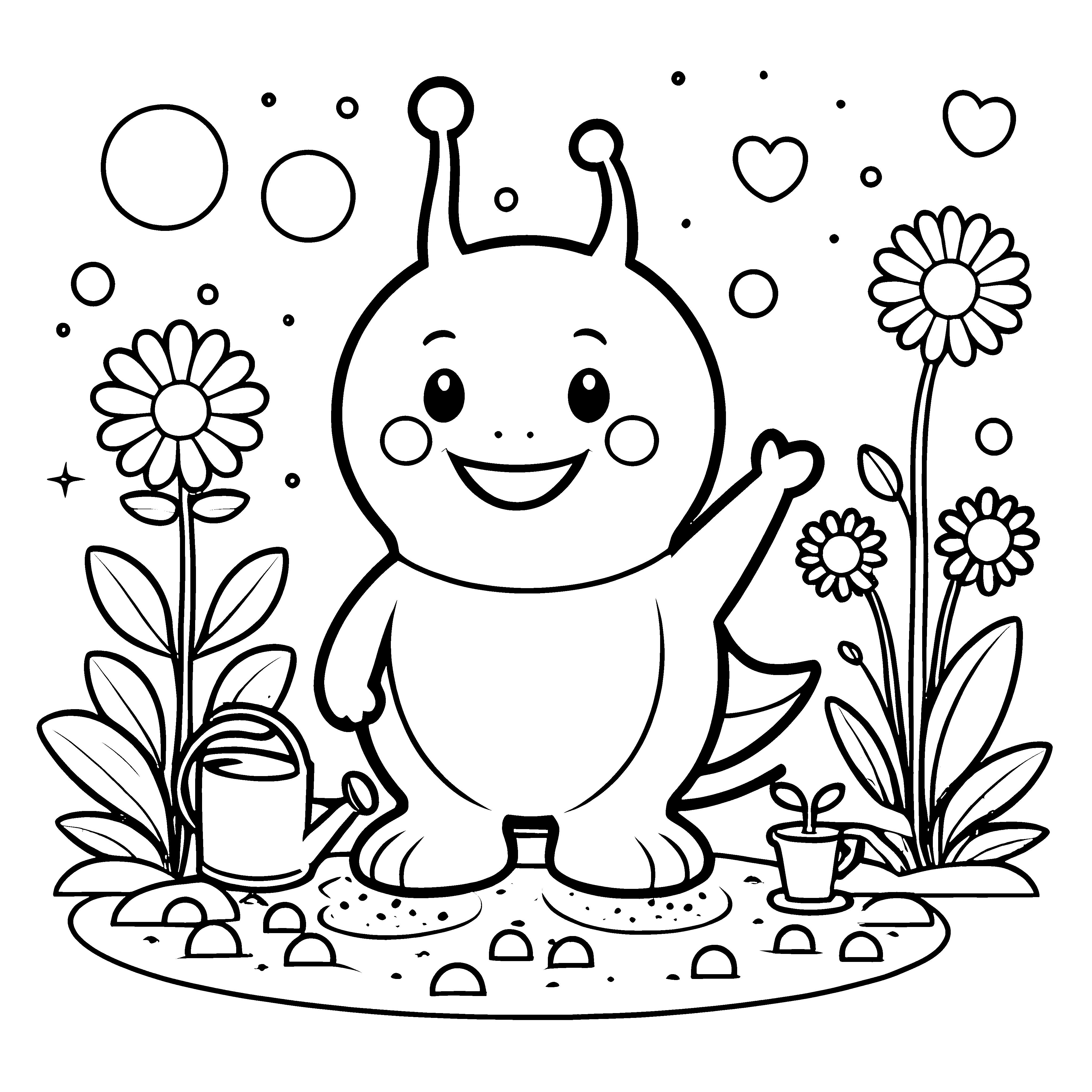 Herzliches Kawaii Alien mit Gießkanne Bastelvorlage für Gartenfreunde