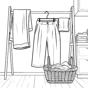 Ordentliche Damenhose am Wäschekorb Bastelvorlage für kleine Ordnungshüter