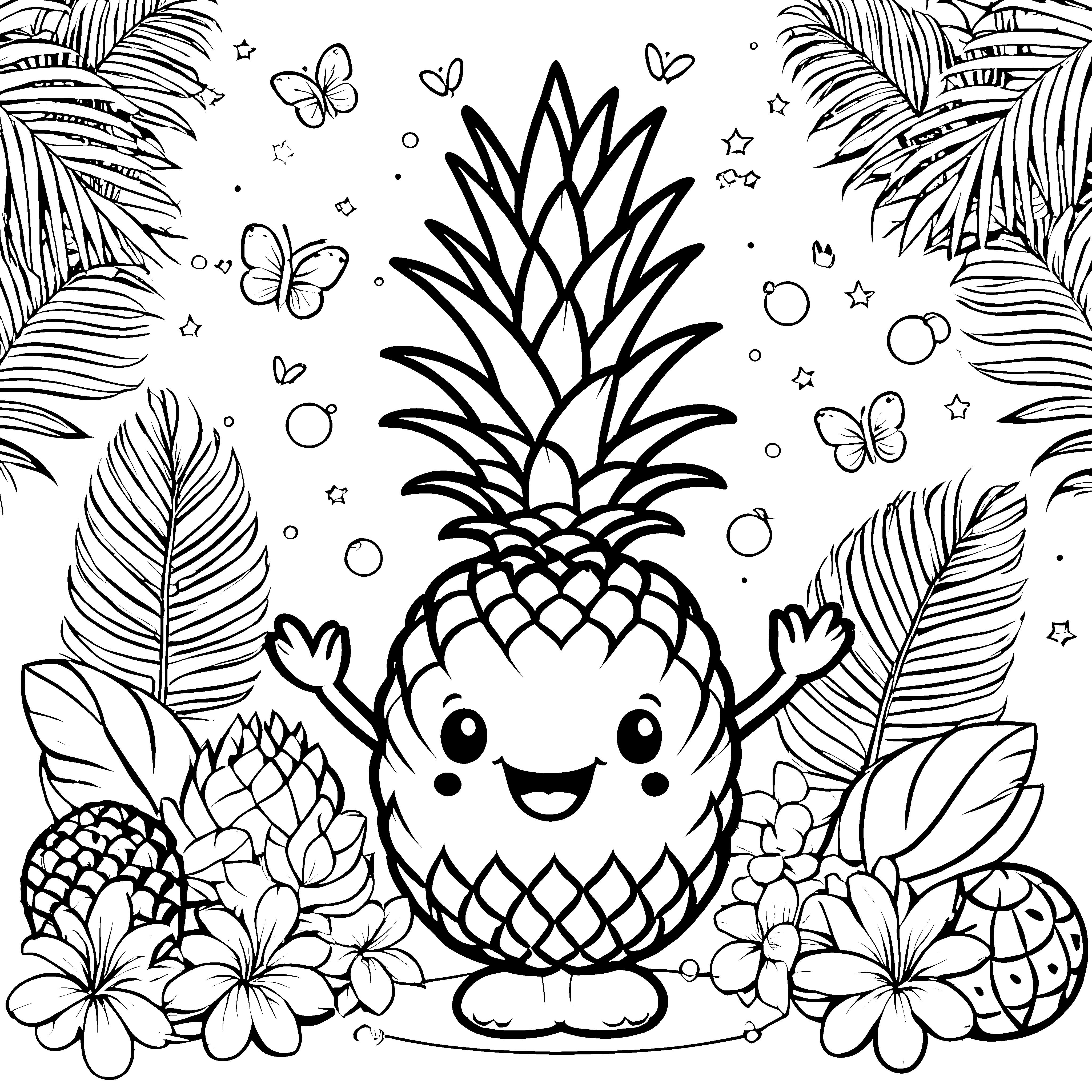 Verspielte Kawaii-Ananas mit Blumen Malvorlage für verträumte Dschungelfreunde