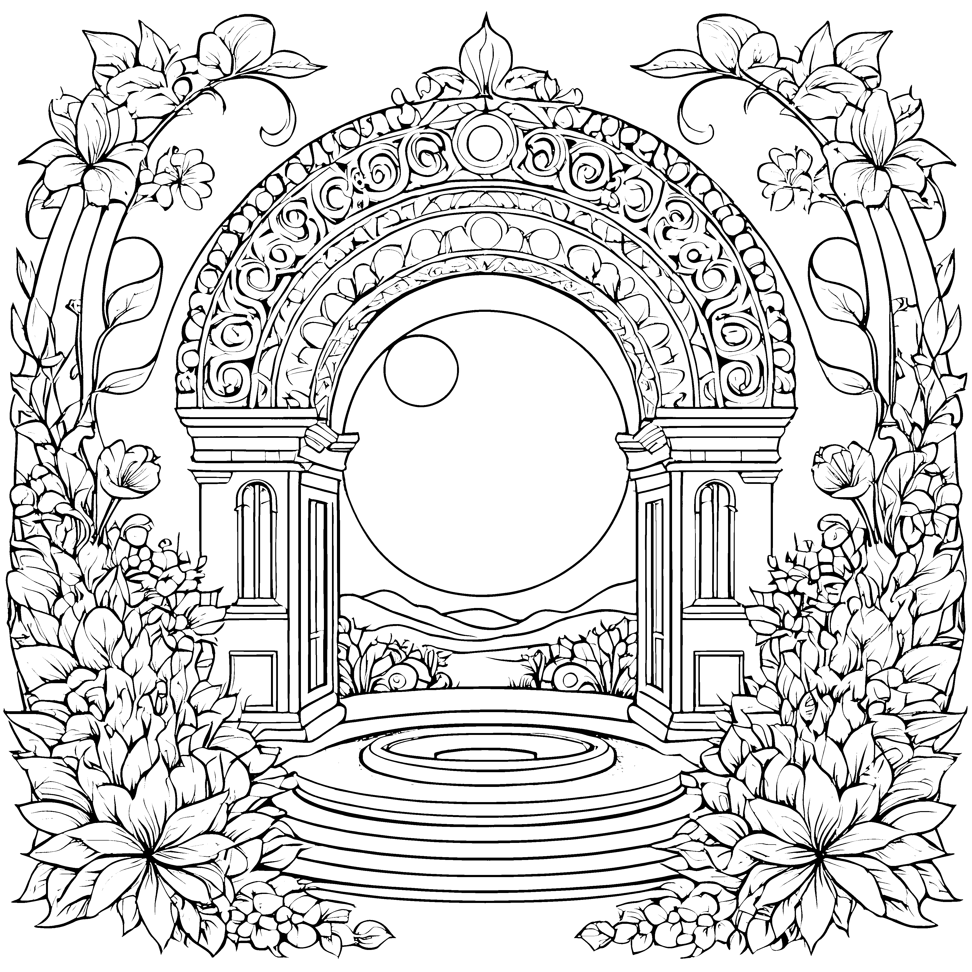 Prunkvolles Blumenportal mit Mond Bastelmotiv für kreative Blumenkinder