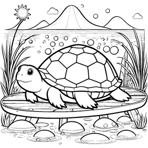 Bezaubernde Kawaii-Schildkröte auf Holzplattform Malvorlage für junge Wasserforscher
