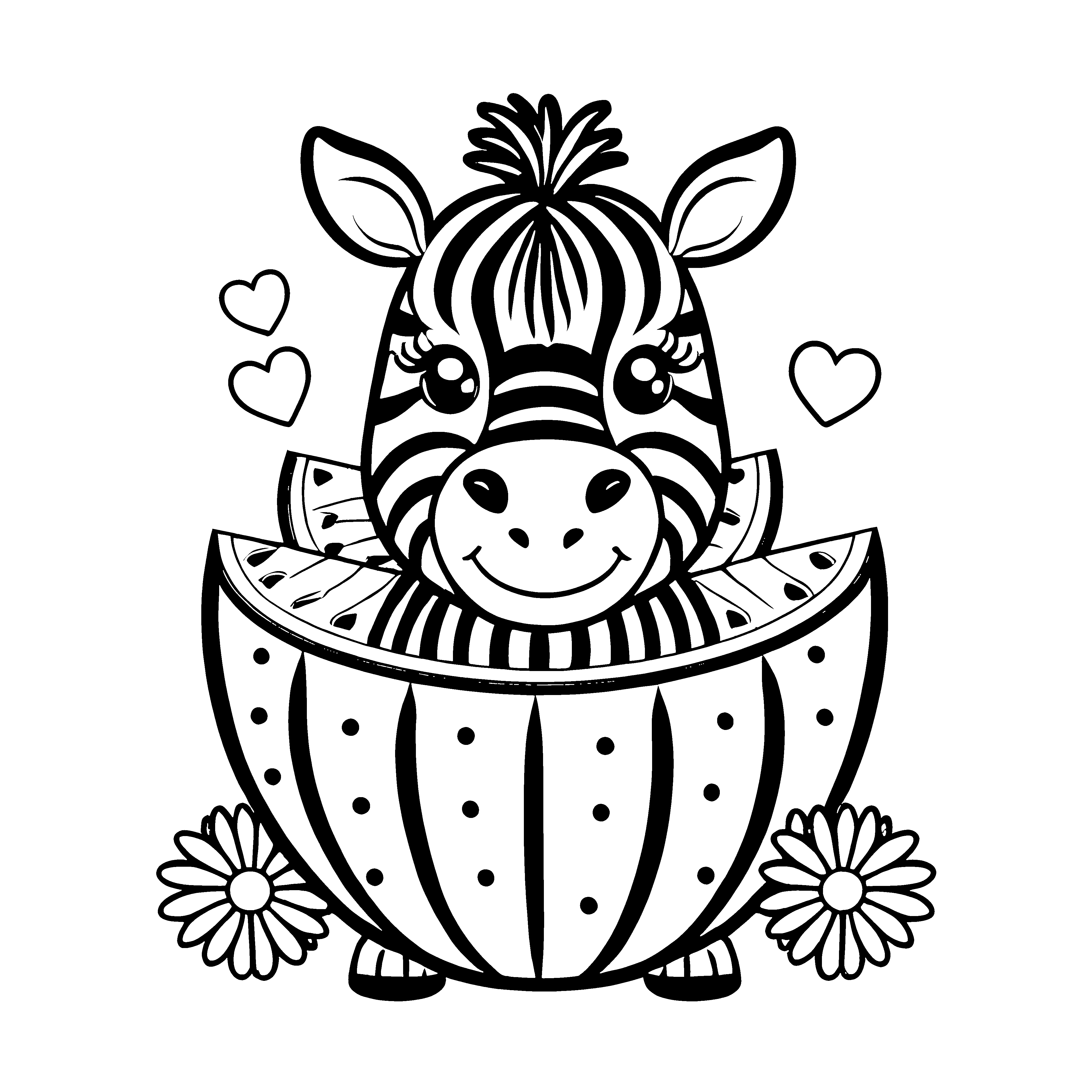 Herzliches Kawaii-Zebra in Wassermelone Malvorlage für verträumte Obstfreunde