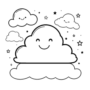 Lächelnde Kawaii-Wolken mit Sternchen Malbild für kleine Himmelszauberer