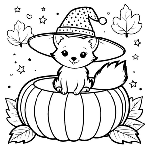Niedlicher Kawaii-Fuchs im Hexenhut Bastelmotiv für verträumte Kürbisfreunde