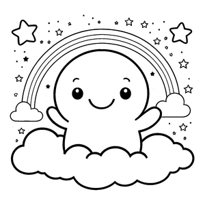 Fröhliches Kawaii-Wesen mit Regenbogen und Sternen Ausmalbild für mutige Sternenjäger