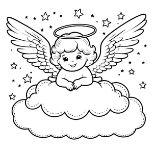Verspielter Kawaii Engel auf Wolke Bastelmotiv für malfreudige Sternenfreunde