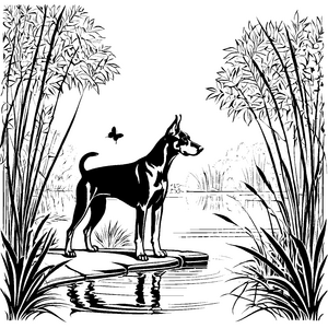 Aufmerksamer Dobermann am Teichrand Malbild für Wasserfreunde