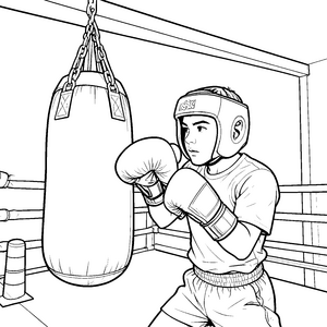 Entschlossener Boxer mit Kopfschutz Ausmalbild für mutige Ringkämpfer