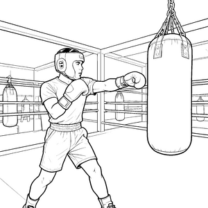 Energetischer Boxer am Sandsack Malvorlage für kreative Kampfsportler