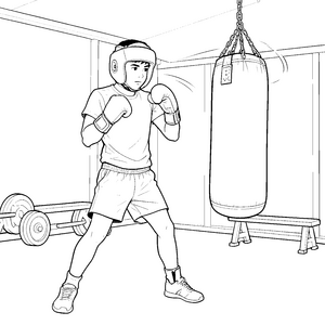 Kraftvoller Boxer mit Sandsack Ausmalvorlage für kleine Fitnessfreunde