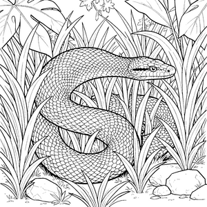 Schuppige Python im dichten Gras Malbild für kleine Naturfreunde