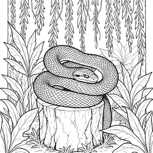 Schuppige Python auf Baumstumpf Ausmalvorlage für kreative Dschungelbewohner