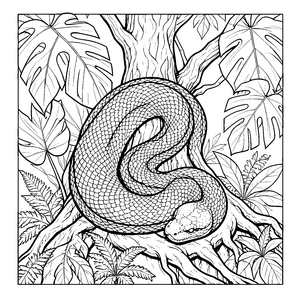 Musterreiche Python auf Baumwurzeln Ausmalvorlage für malfreudige Dschungelträumer
