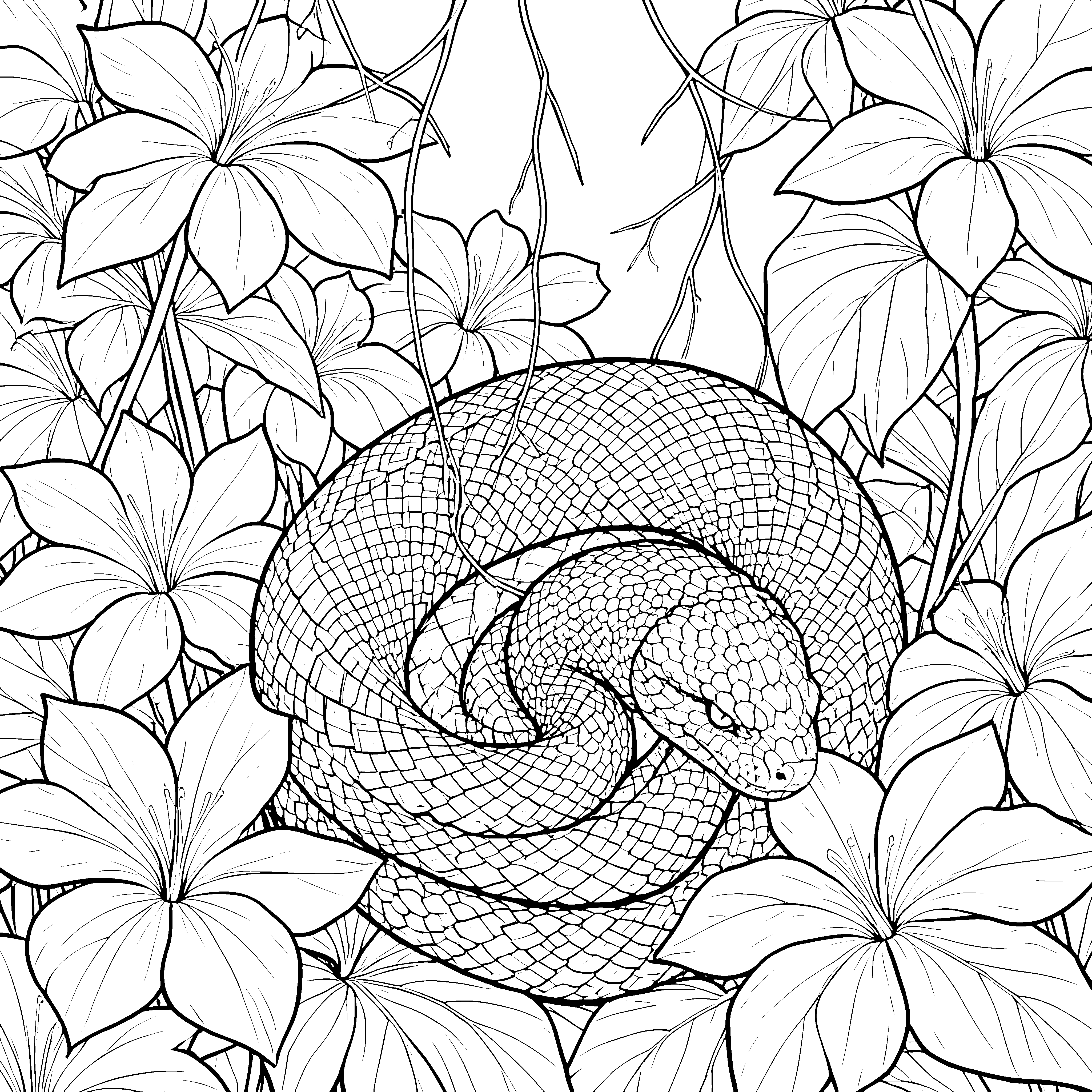 Detailreiche Python in Blättern Ausmalbild für kleine Urwaldfreunde