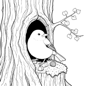 Gemütliche Meise im Nest mit Nuss Ausmalbild für kleine Waldwächter