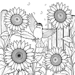Freudige Meise im Sonnenblumenfeld Ausmalbild für junge Naturbegeisterte
