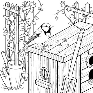 Freche Meise am Vogelhaus Ausmalvorlage für Gartenhelfer
