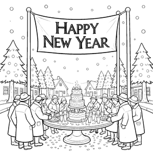 Fröhliches Neujahrsfest mit Kuchen Ausmalvorlage für Winterfreunde