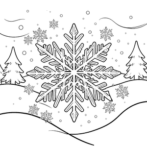 Prächtige Schneeflocke mit Tannenbäumen Ausmalbild für verträumte Winterfreunde