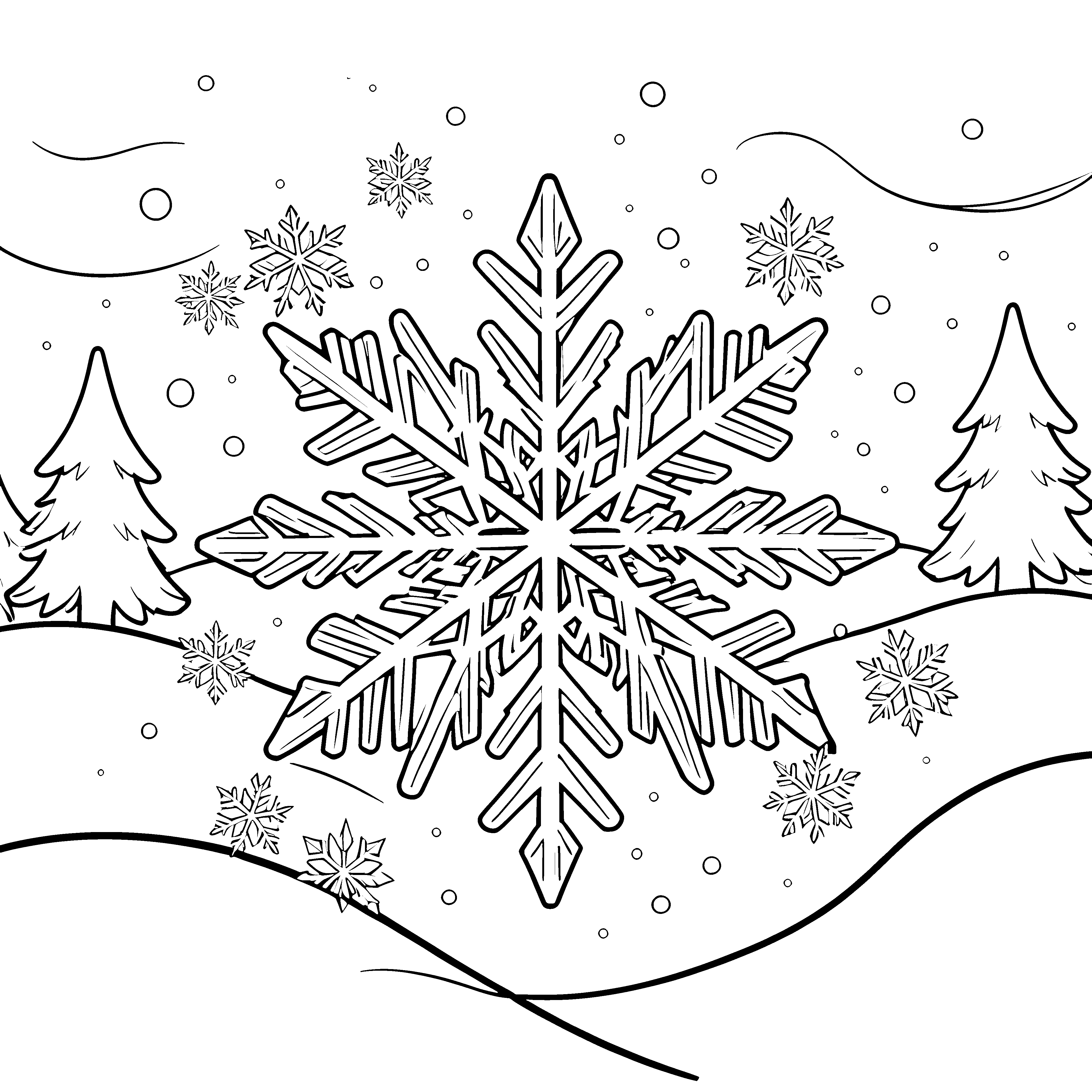 Prächtige Schneeflocke mit Tannenbäumen Ausmalbild für verträumte Winterfreunde