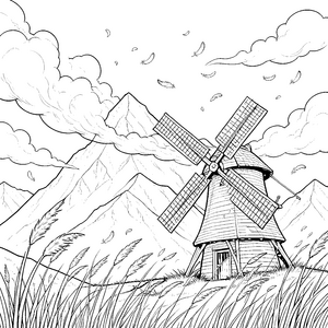 Windige Windmühle auf Bergwiesen Bastelmotiv für verträumte Bergkinder
