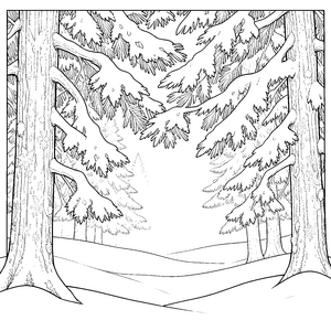 Kristalliner Tannenwald mit Schneehügeln Malbild für Winterfreunde