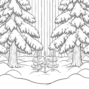 Verzauberter Tannenwald mit Schneehügeln Ausmalbild für malfreudige Winterforscher