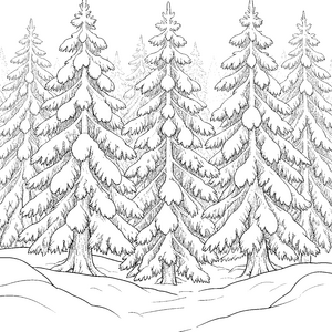 Stiller Tannenwald mit Schneehügeln Ausmalbild für neugierige Waldbewohner