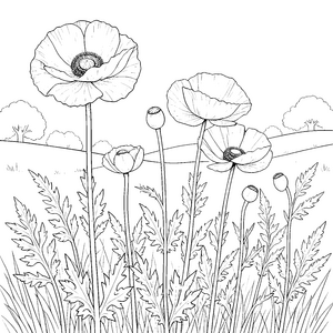 Sanfte Mohnblumen mit Gräsern Malvorlage für mutige Naturkinder