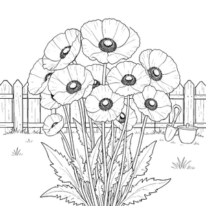 Farbenfrohe Mohnblumen am Holzzaun Bastelmotiv für fröhliche Gartenhelfer