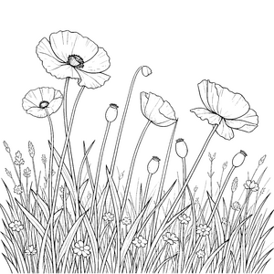 zauberhafte Mohnblumen mit Wildblumen Malvorlage für kreative Wiesenfreunde