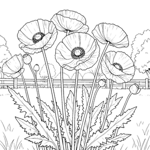 Prachtvolle Mohnblumen mit Knospen Ausmalvorlage für malfreudige Pflanzenforscher