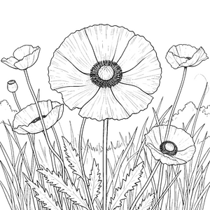 Üppige Mohnblumen mit Gräsern Ausmalvorlage für neugierige Wiesenläufer