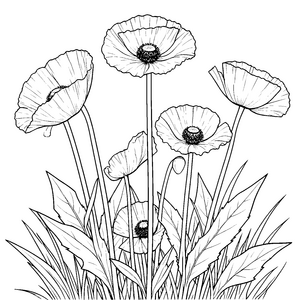 Prächtige Mohnblumen auf Gräsern Ausmalbild für kreative Naturträumer
