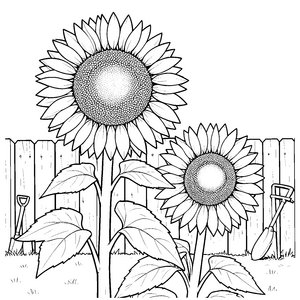 Strahlende Sonnenblumen mit Schaufel Bastelmotiv für verträumte Gartenhelfer