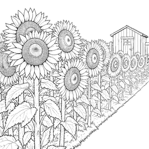 Idyllische Sonnenblumen am Holzhaus Ausmalbild für fröhliche Naturkinder