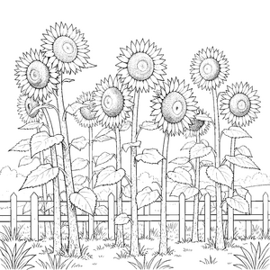 Prachtvolle Sonnenblumen am Lattenzaun Bastelvorlage für kleine Pflanzenfreunde