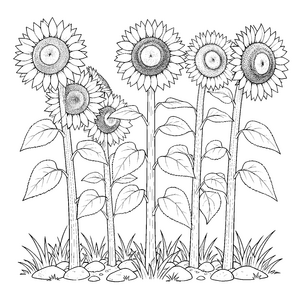 Prachtvolle Sonnenblumenreihe mit Steinen Bastelmotiv für verträumte Naturfreunde