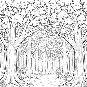Detaillierter Laubwald mit Pfad Ausmalbild für fröhliche Naturfreunde