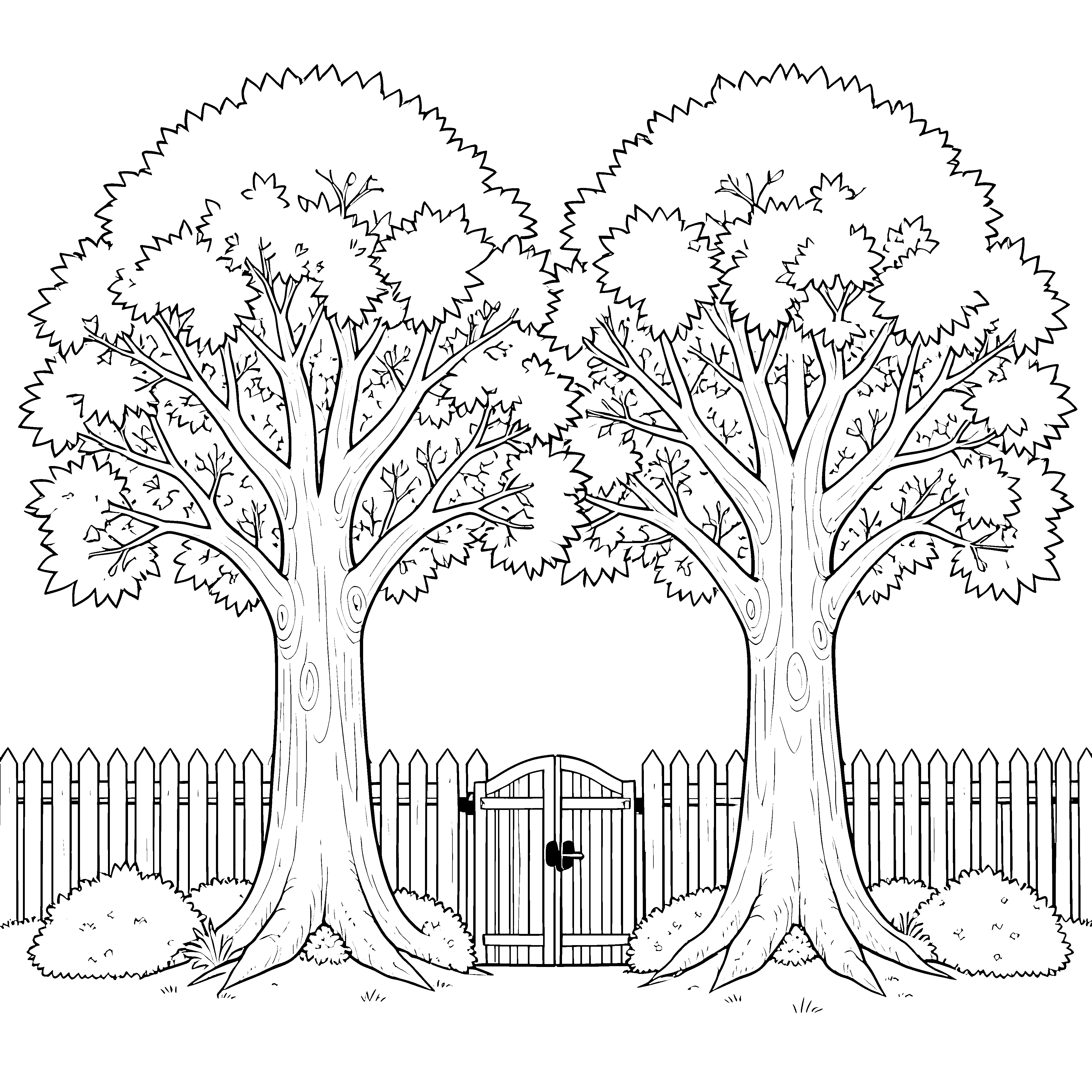 Symmetrische Laubbäume mit Lattenzaun Ausmalvorlage für Gartenbauer