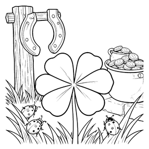 Magisches Kleeblatt mit Hufeisen Ausmalvorlage für kleine Glücksbringer