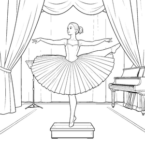 Elegante Ballerina am Klavier Ausmalbild für neugierige Musikliebhaber