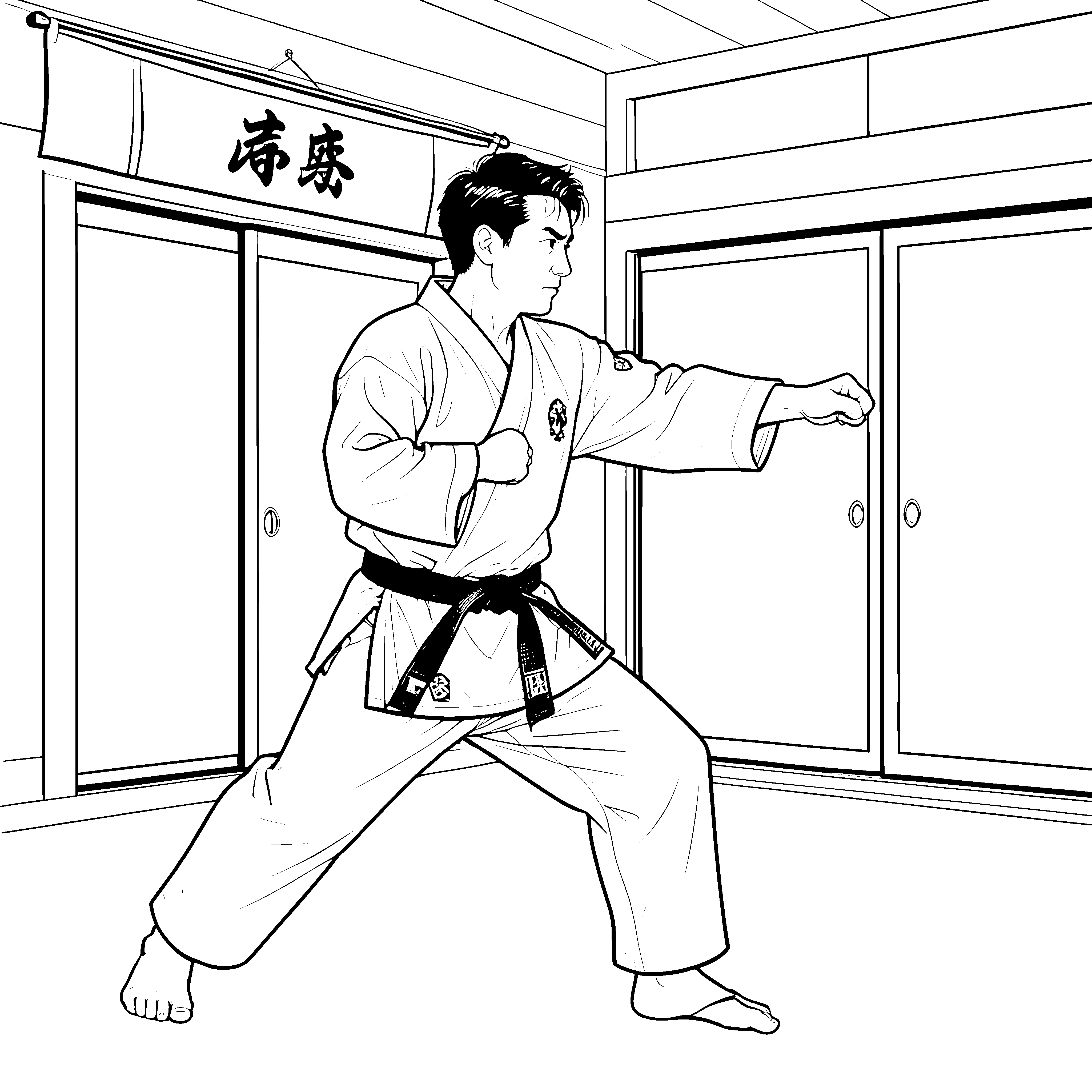Konzentrierter Karateka im Dojo Ausmalvorlage für Kampfkunstbegeisterte