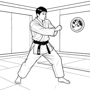 Entschlossener Karateka im weißen Gi Bastelvorlage für kleine Kampfsportler