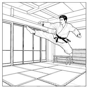 Dynamischer Karateka im Dojo Ausmalbild für neugierige Sportfreunde